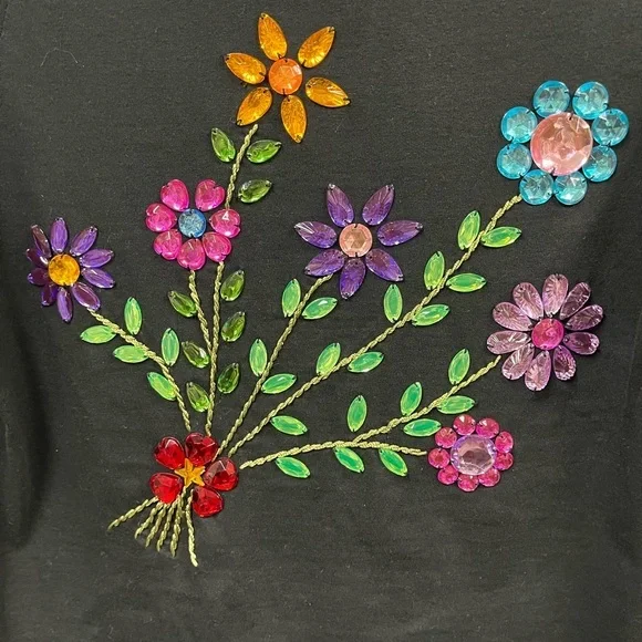 Metro 6 Nina Leonard Black Scoop Neck Floral Jeweled 3/4 Sleeve Top Size Medium - Picture 3 of 8